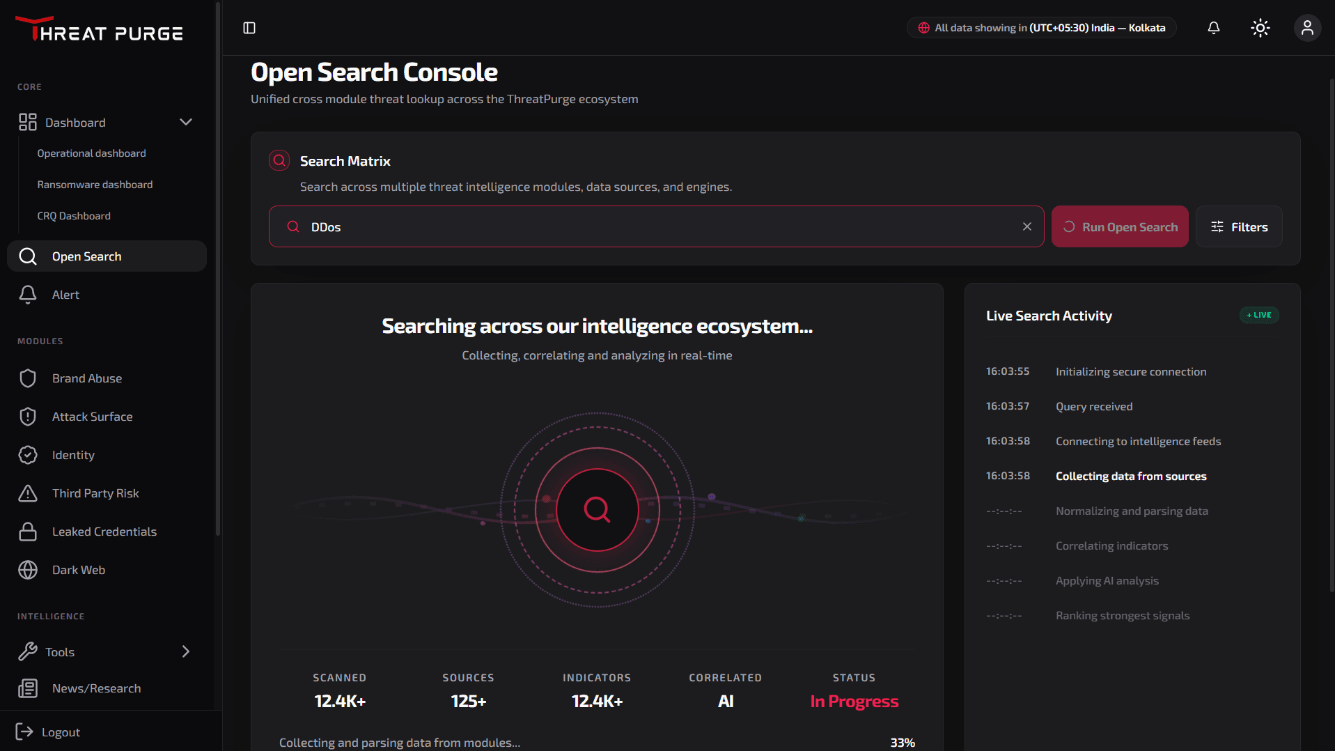 ThreatPurge Open Search Console searching across threat intelligence modules, data sources, and engines